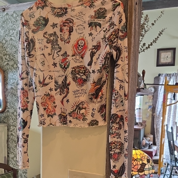 Ed Hardy Women's Tattoo Print Long Sleeve Top - Cream - Picture 3 of 3